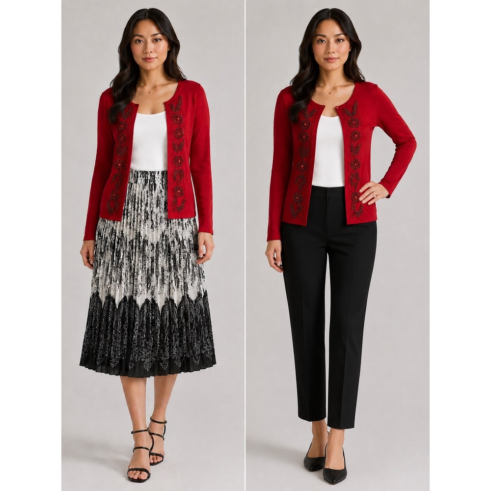 Dressbarn Collection Red Beaded Floral Open Front Cardigan Sweater NWT Large
